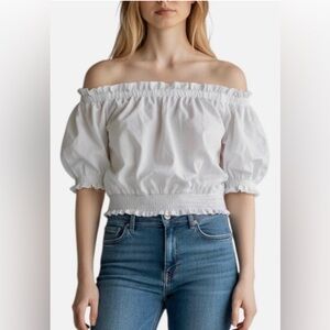 H&M Women's Off the Shoulder Crop Top Short Puff Sleeve Ruffle Cotton Sz 4 White
